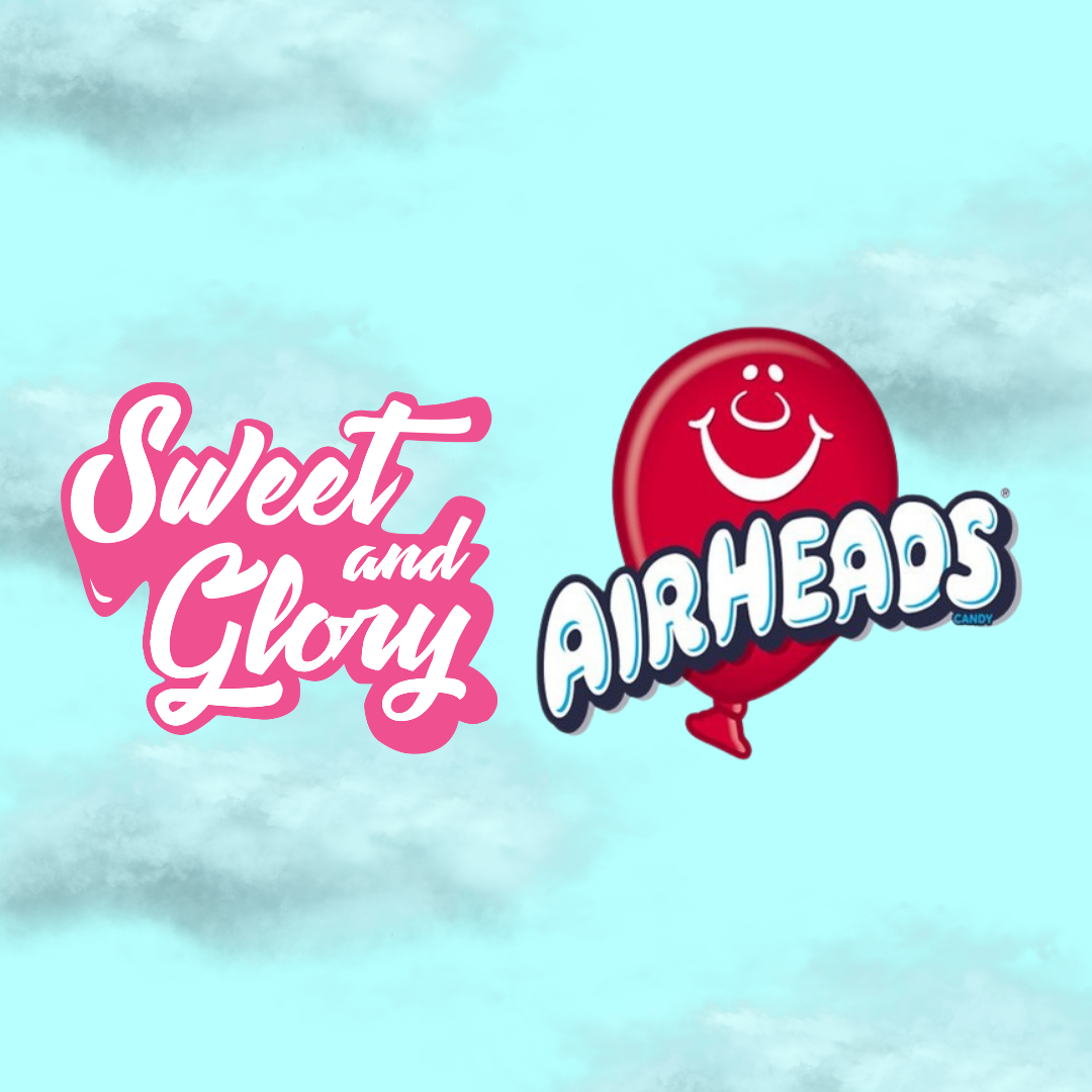 A light blue background with clouds with the Sweet & Glory logo alongside the airheads logo in the centre.