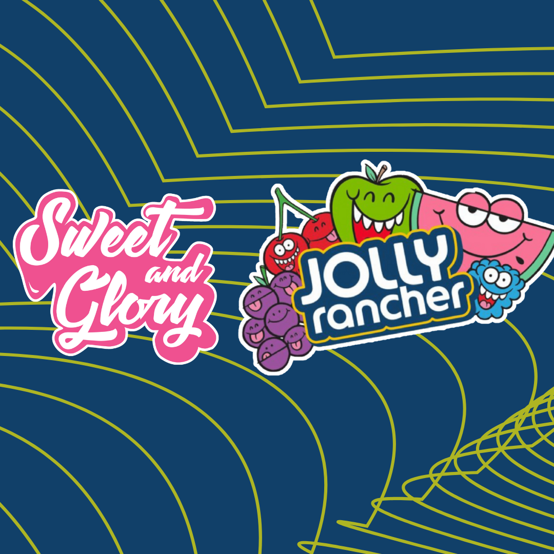 A dark blue background with green lines with the Sweet & Glory logo alongside the Jolly Rancher logo in the centre.