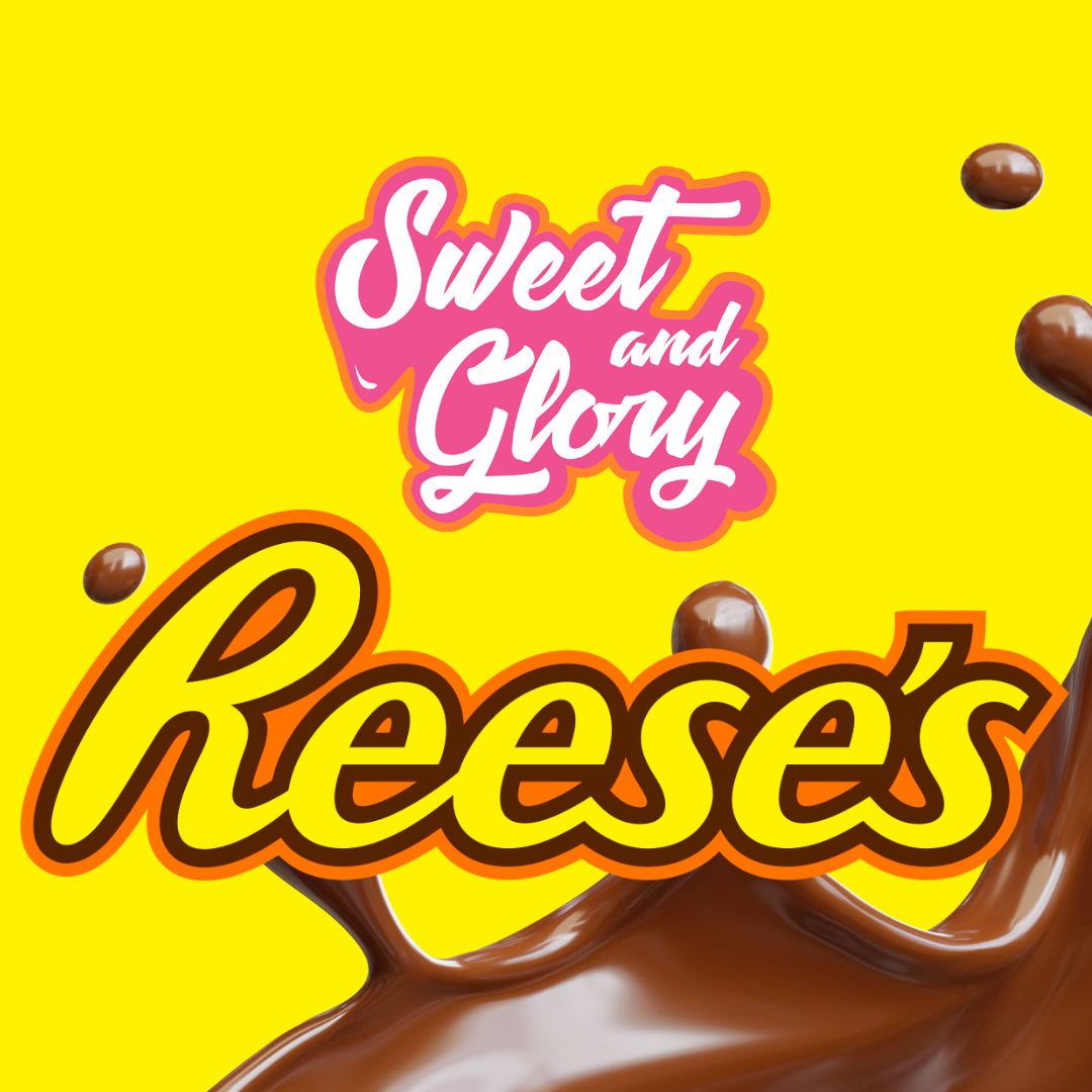 A yellow background with a chocolate splash alongside the reese's chocolate logo and the Sweet & Glory logo central to the image