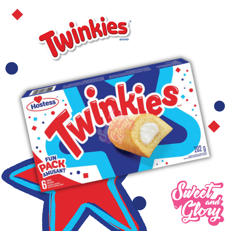 A twinkies packet is in the middle of the image with twinkies packaging backgrounds on display behind it. The twinkies logo is in the top middle of hte image and the Sweet & Glory logo is in 