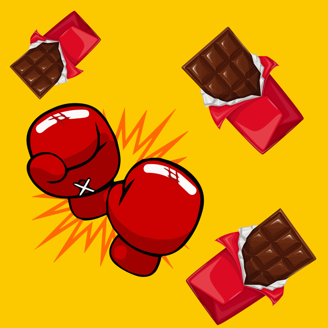 A pair of boxing gloves surrounded by chocolate bars on a bright yellow background