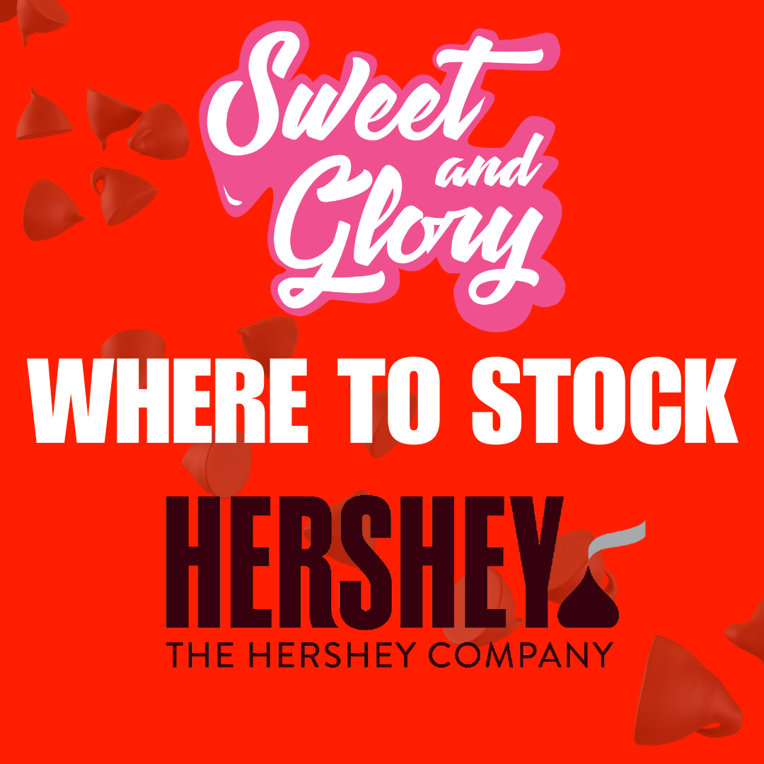 The Sweet & Glory Logo alongisde the hersheys logo with the text 'where to stock' with a red background