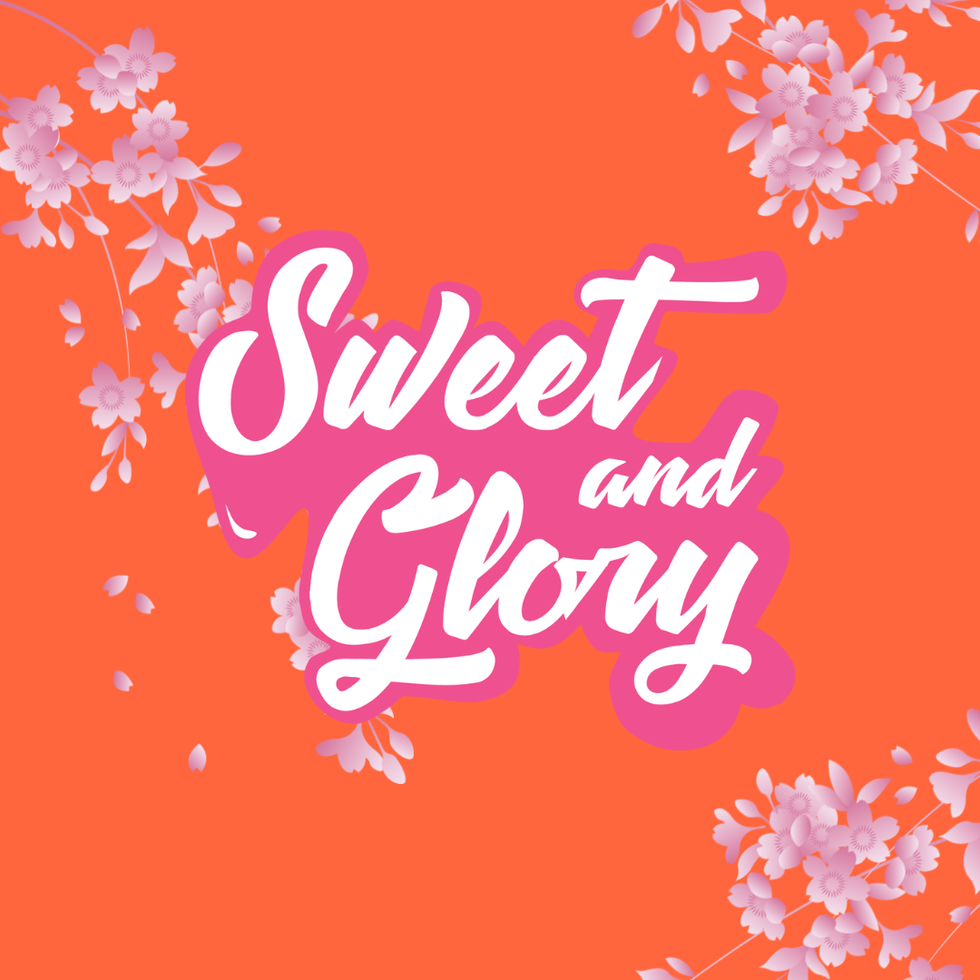 The Sweet & Glory logo is centre, surrounded by pink blossom petals on an orange background