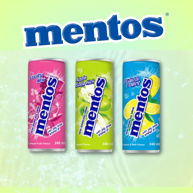An image of three new mentos drinks lined up on a light green background with the mentos logo above them.
