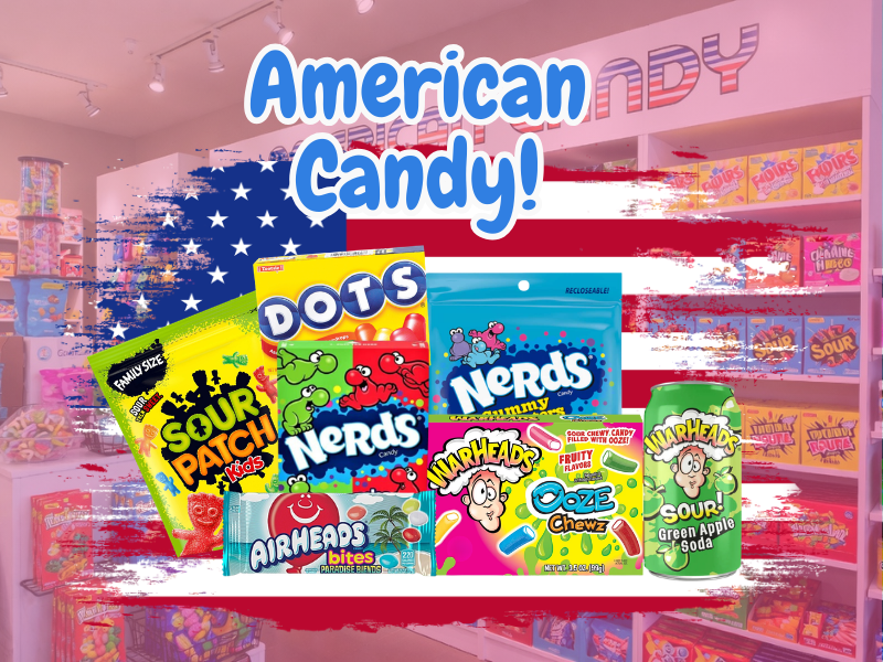American candy display section in a UK retail shop featuring Nerds, Reese's and Sour Patch Kids