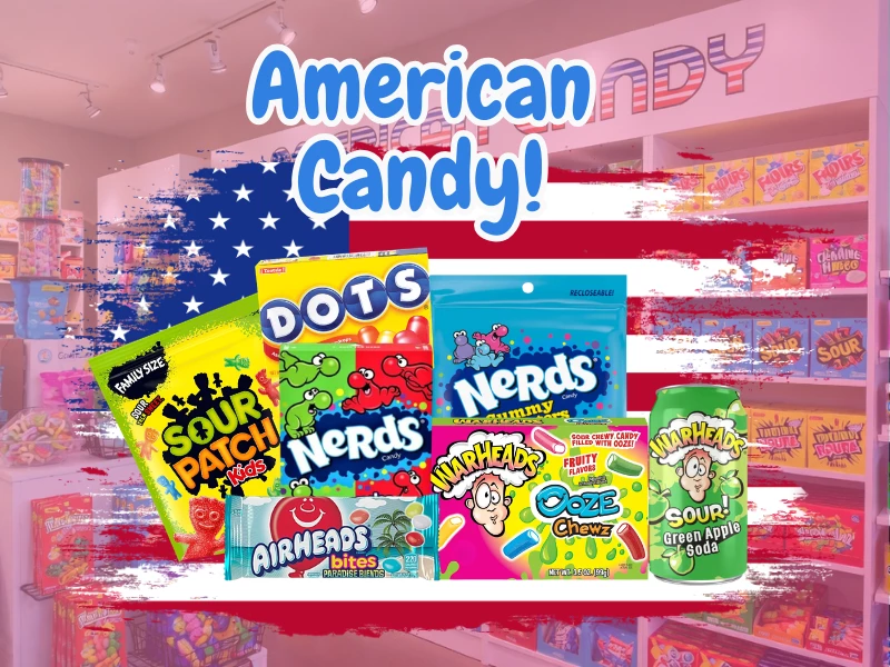 American candy display section in a UK retail shop featuring Nerds, Reese's and Sour Patch Kids