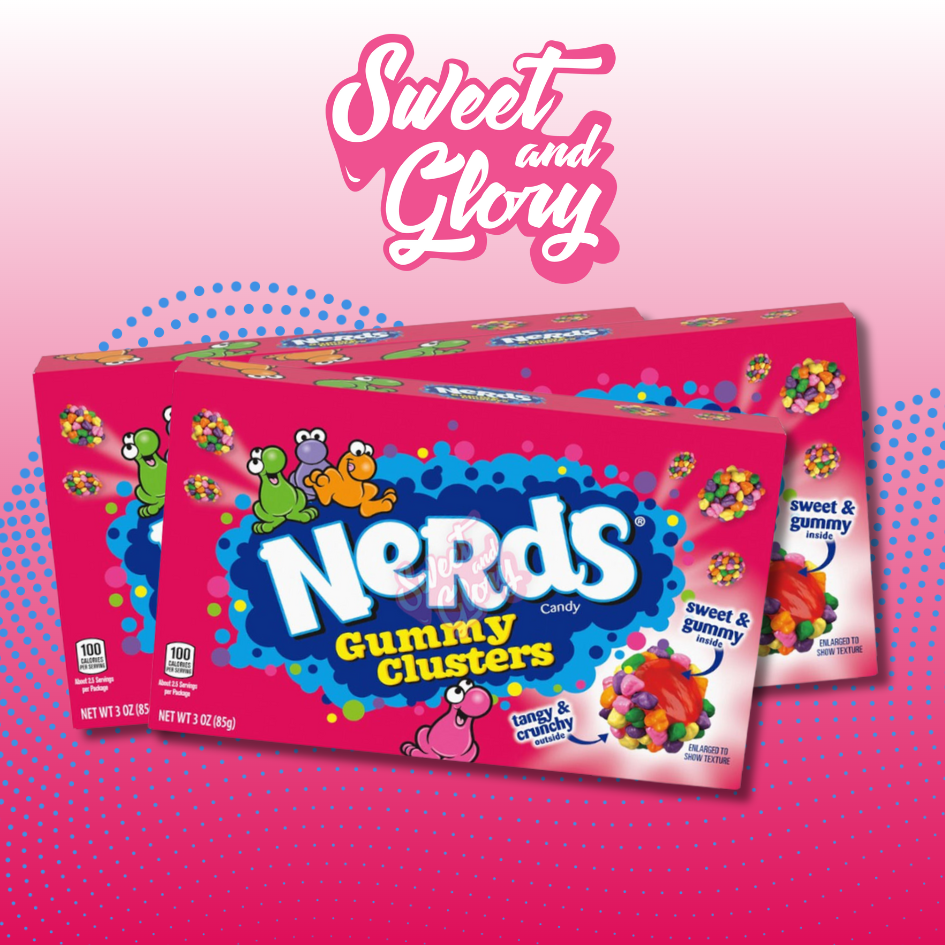 On a white and pink gradient background, three nerds gummy cluster boxes are positioned central with the Sweet & Glory logo above them. Dots are present in the background