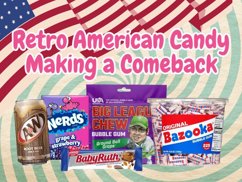 Selection of 80s and 90s American retro candy including Warheads, Pop Rocks, Big League Chew and Charleston Chew available wholesale from Sweet and Glory
