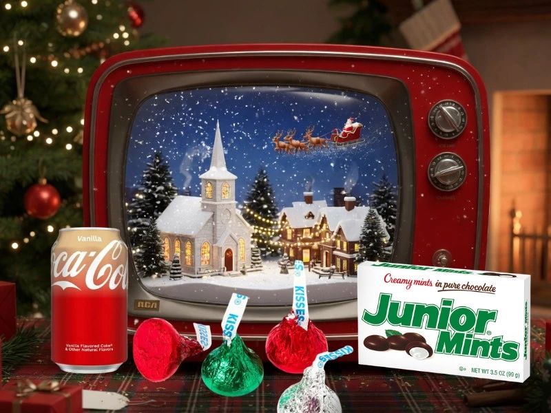 Retro television showing a snowy Christmas village with Santa's sleigh, surrounded by Coca-Cola Vanilla, Hershey's Kisses and Junior Mints &acirc; the American Christmas candy and adverts that shap