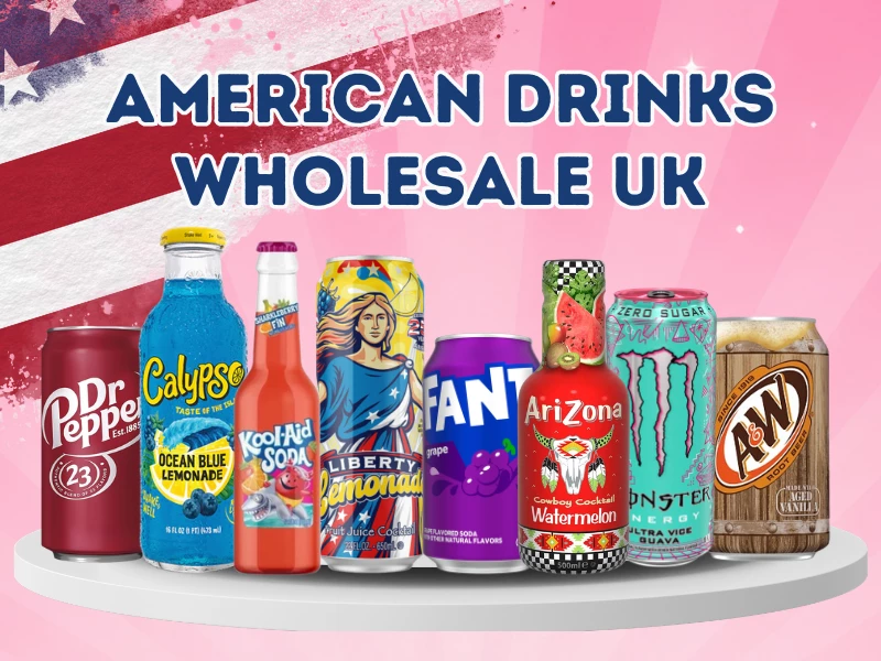 Imported American drinks including Arizona cans and Calypso bottles on a shop shelf