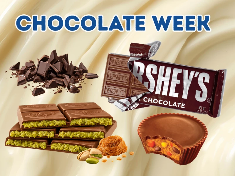 Chocolate Week display of imported American and Irish chocolate in a UK sweet shop