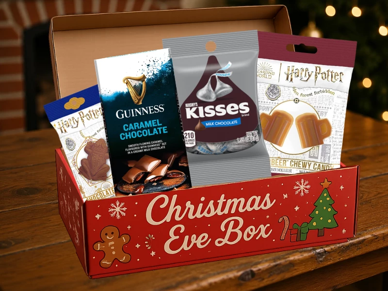 Christmas Eve box filled with hot chocolate, novelty sweets and festive American candy