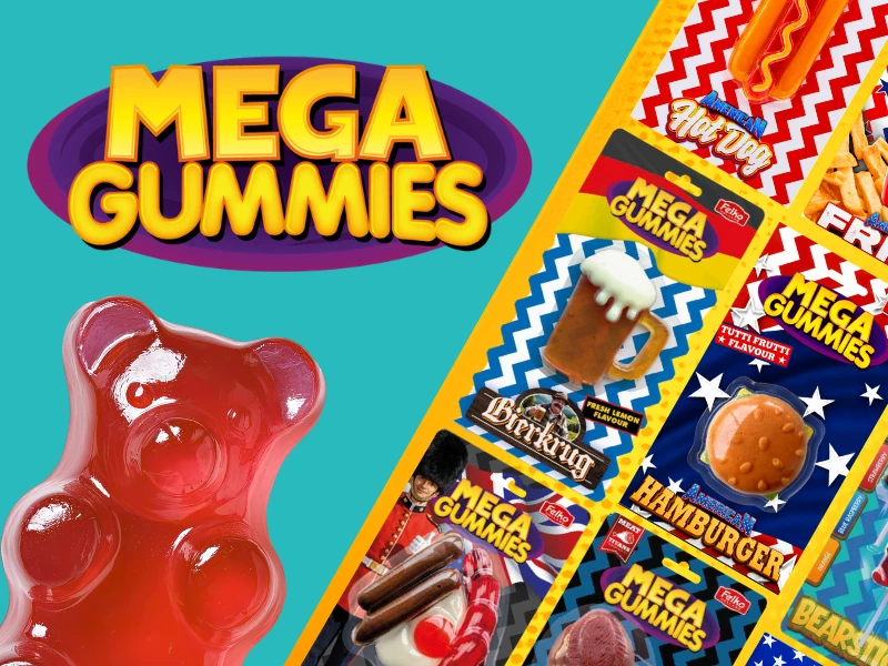 Giant Mega Gummies shaped like a pizza slice, hot dog and gummy bear