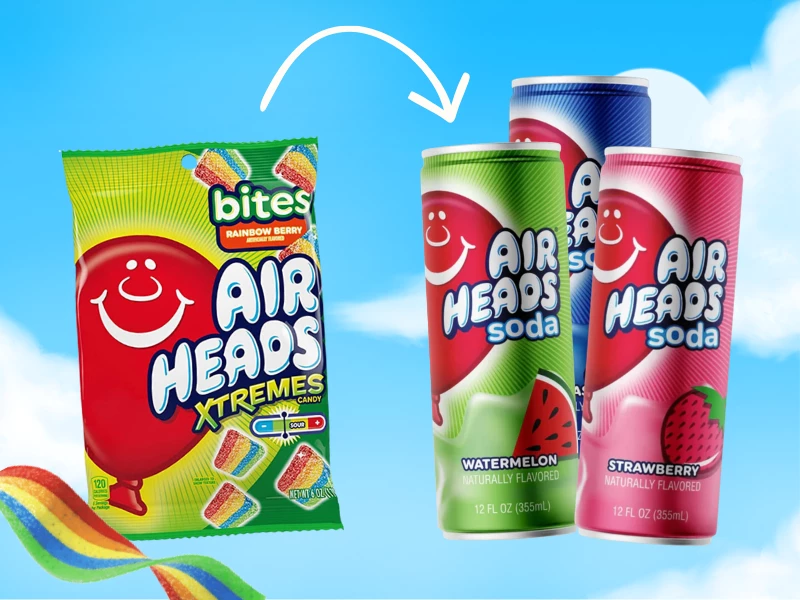 Airheads soda cans alongside Tango and Slush Puppie sweets