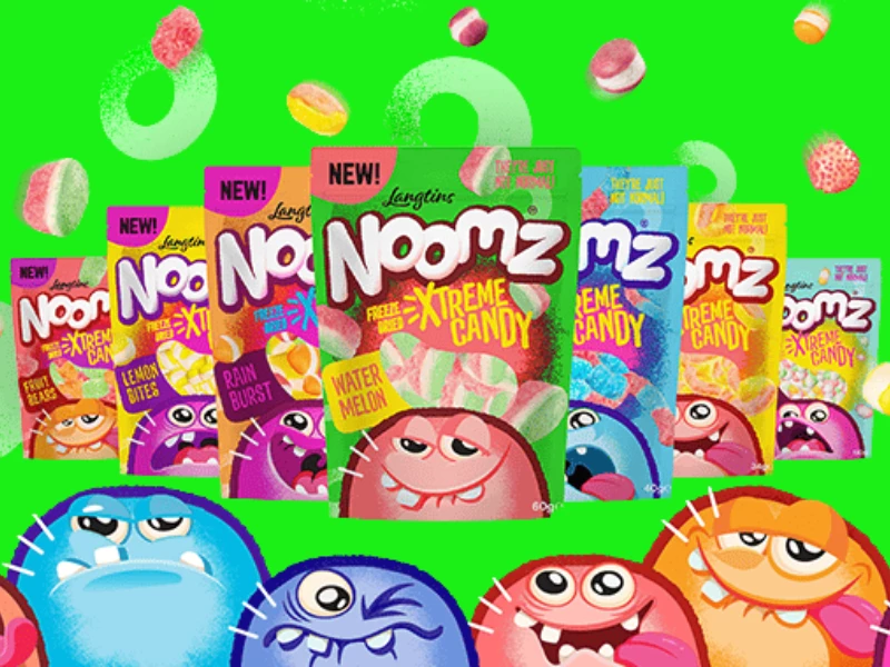 Noomz freeze-dried sweets bags including Sour Bites and Rainbursts
