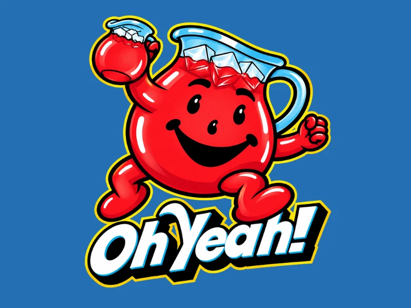 Kool-Aid Man, the smiling red pitcher mascot, bursting through a wall with a cloud of rubble