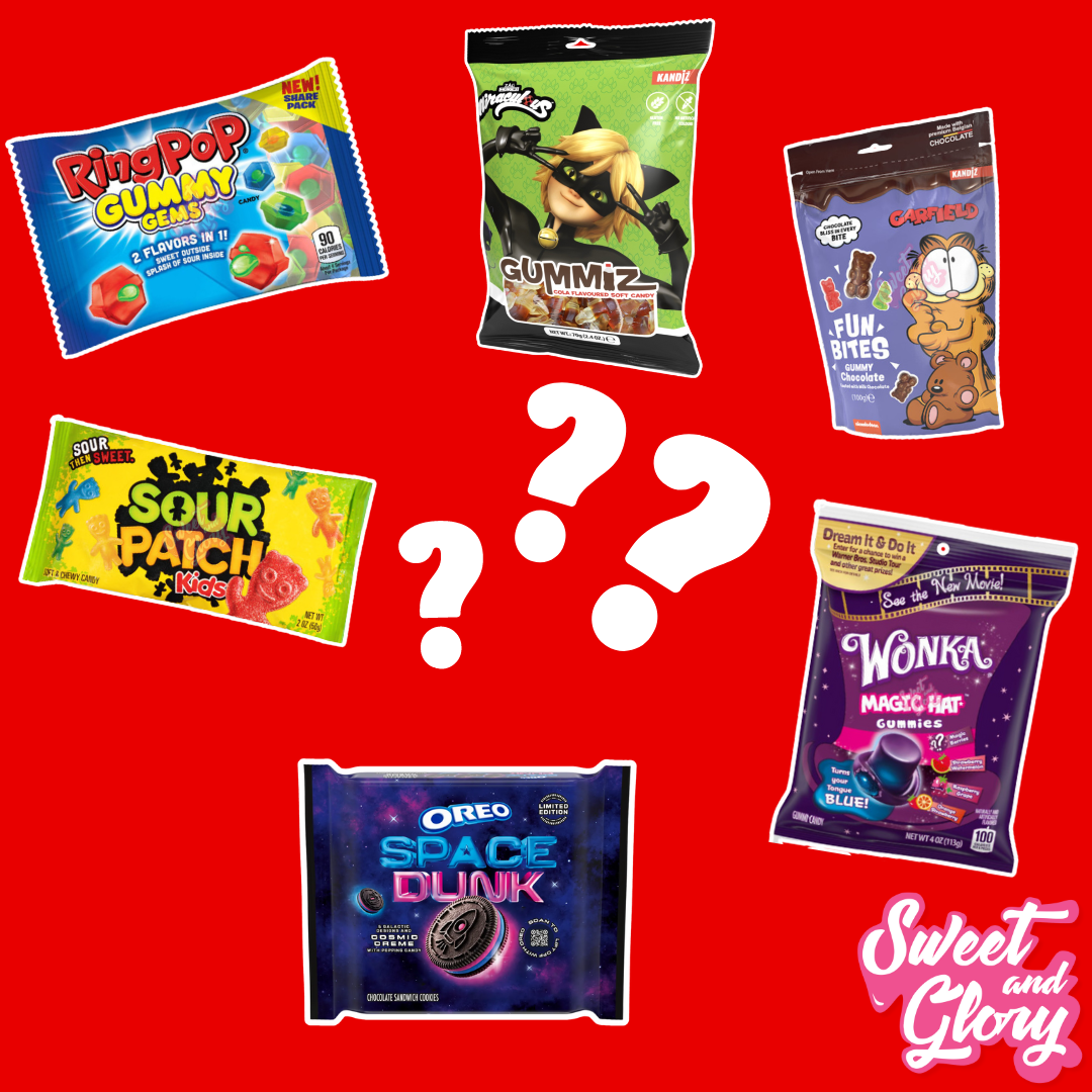 Sweets are displayed on a red background with Question marks in white displayed in the middle with the Sweet & Glory logo in the bottom right