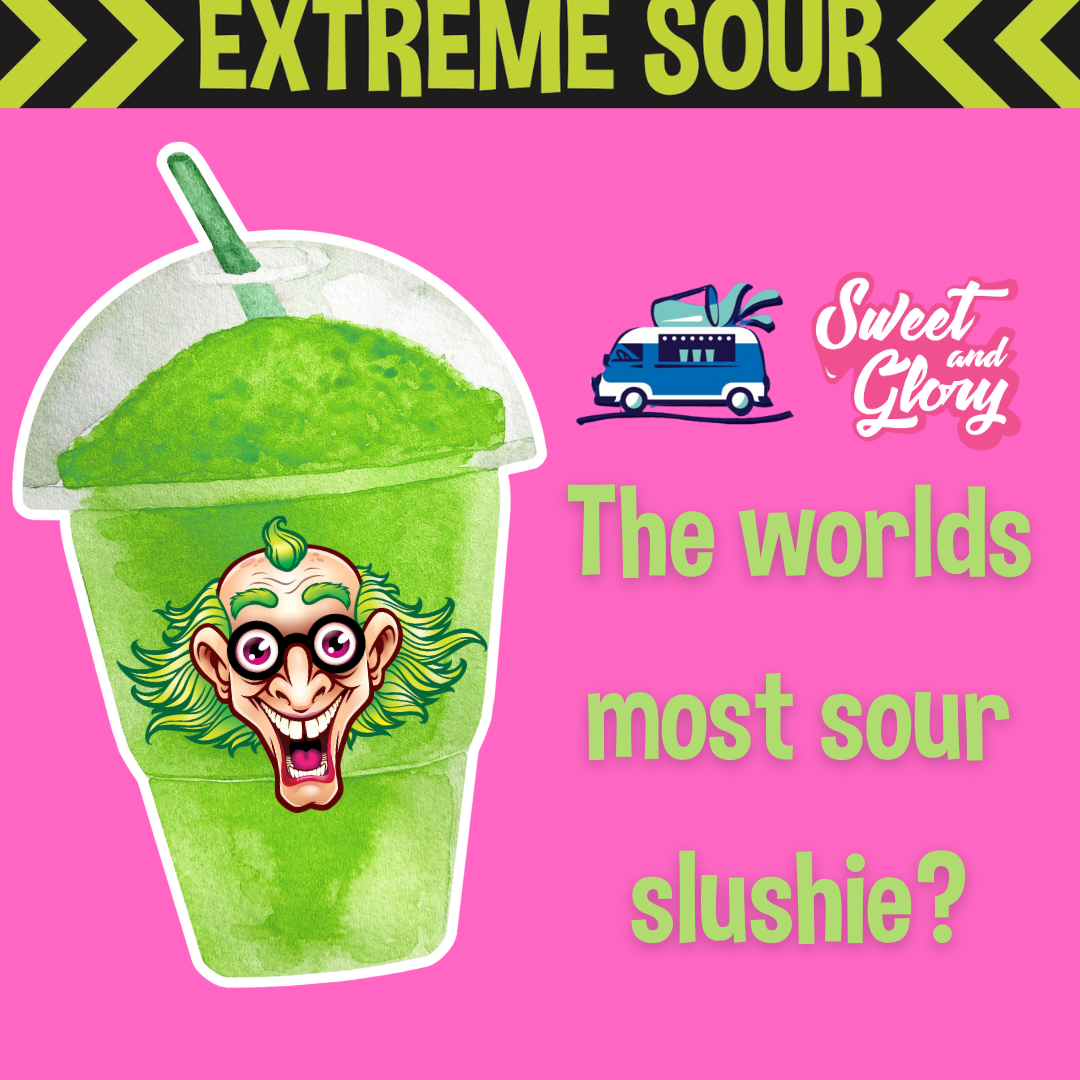 A slushie with a mad scientist logo from Dr Sour is on the left side surrounded by a pink background. A warning label saying 'Extreme Sour' in black and green is displayed across the top alon