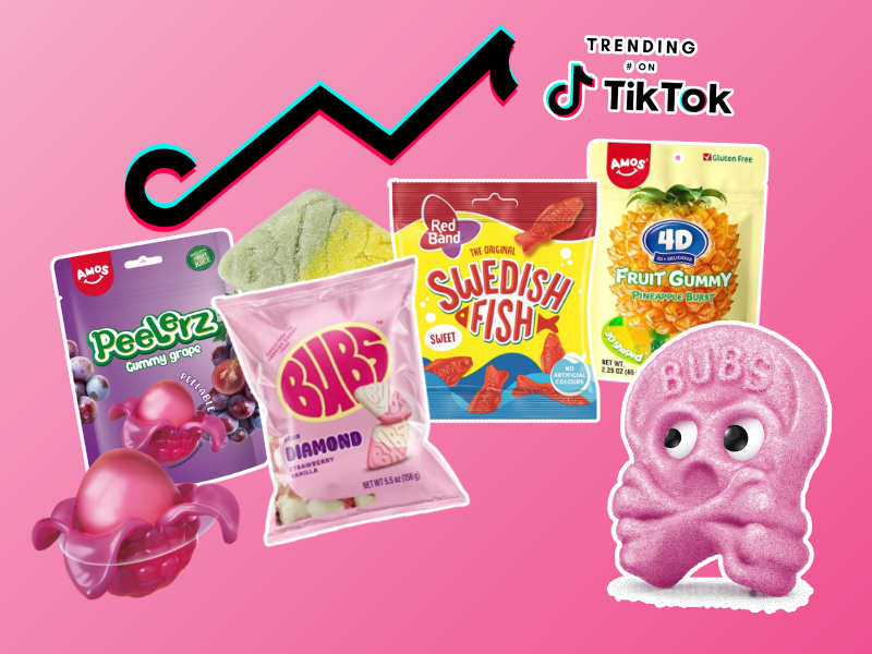Selection of trending TikTok viral candy including freeze-dried sweets, Peelerz gummies, Toxic Waste Slime Lickers, and Nerds Gummy Clusters from Sweet and Glory