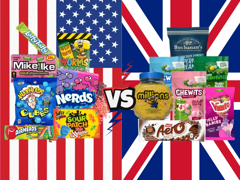 Comparison of American sweets and British sweets side by side showing differences in packaging, colours and candy types.