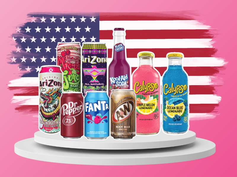 Selection of American sodas available in the UK including A&W Root Beer, Dr Pepper, Calypso Ocean Blue lemonade, Arizona Iced Tea, and imported Fanta flavours from Sweet and Glory