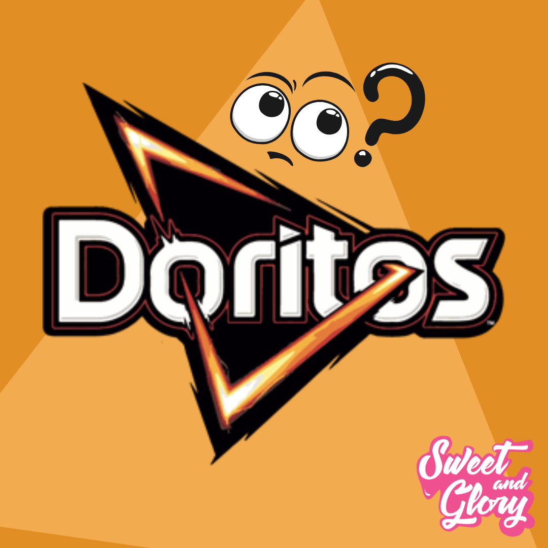 The doritos logo is centered in the middle with a triangle background a slightly different shade of orange to the dorito colour and eyes and a question mark above it. The sweet & Glory logo i