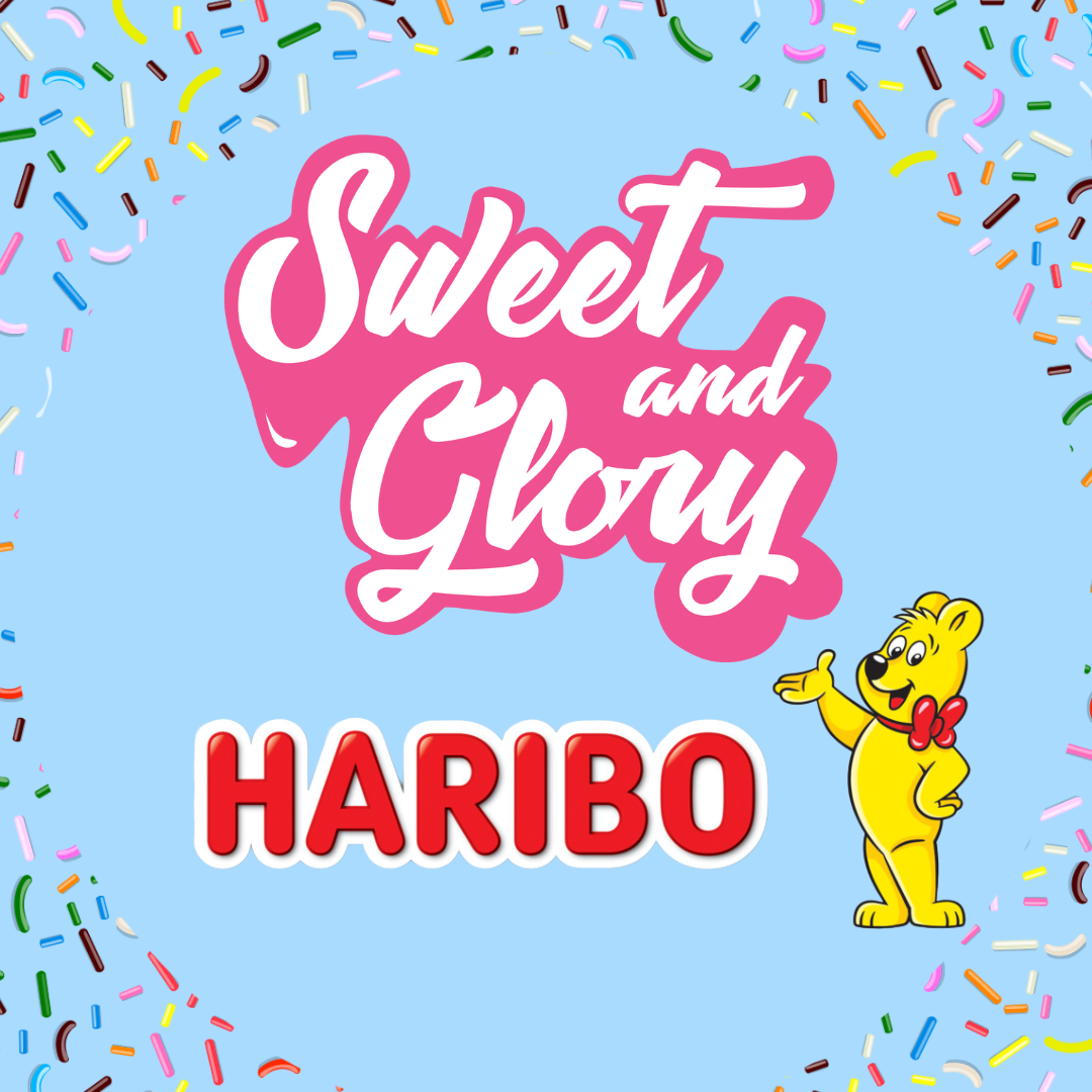 Sweet confetti surrounds the Haribo logo and the sweet & glory logo with a light blue background.