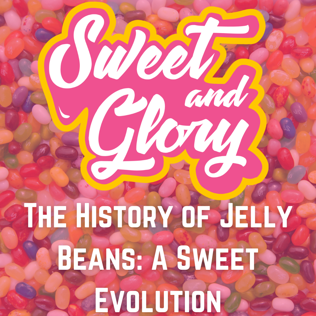 The sweet & glory logo with a yellow border is present as the text of the title is below it. the background is a gradient of jelly beans with a pink overlay.