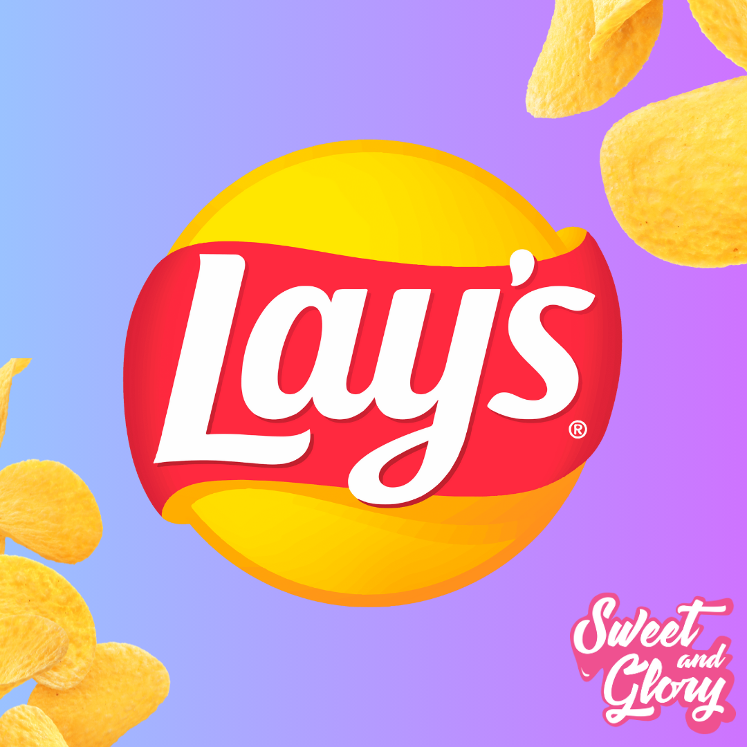 The lays logo is central to the image with a blue and pink gradient background and the Sweet & Glory logo in the bottom right with crisps in the bottom and top corners.