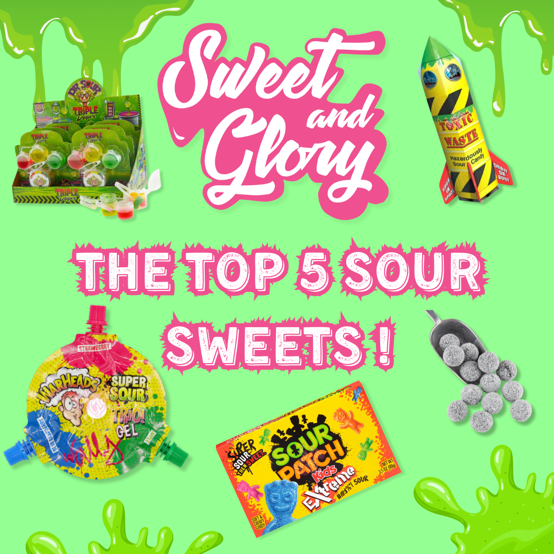A variety of sour sweets from leading brands surround the Sweet & Glory logo on a light green background with text in pink saying 'The top 5 sour Sweets'