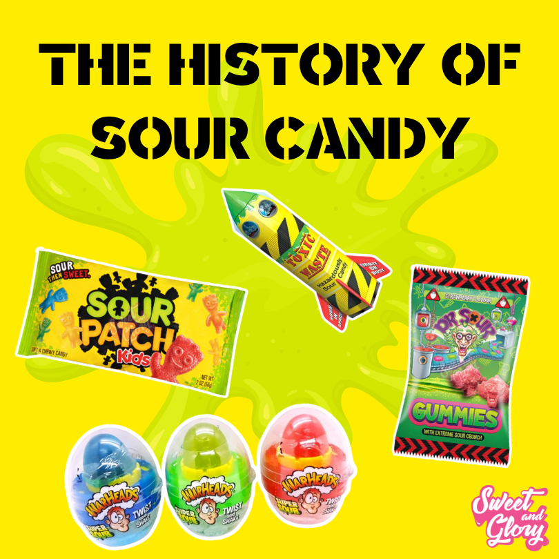 A variety of sour sweets are central including Sour Patch Kids and Warheads themed products. The background is yellow with a green sour splat in the middle faded out alongside the text at the