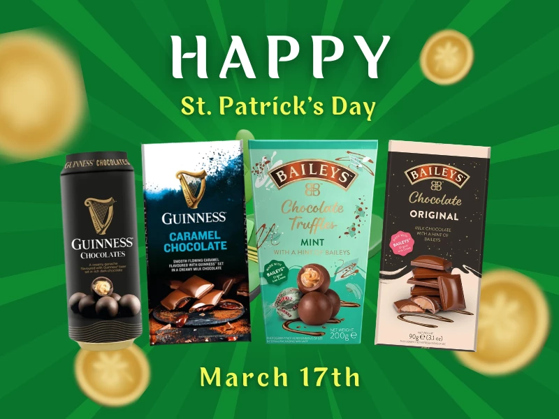 St Patrick's Day sweets including Guinness chocolate bar, Baileys chocolate, Andes Creme de Menthe Thins, Airheads Green Apple, Jelly Belly green variants and Junior Mints available wholesale
