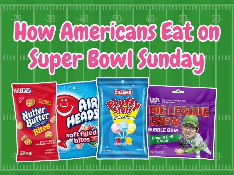 American Super Bowl snacks including Flipz chocolate covered pretzels, Airheads, Big League Chew, Goldfish crackers, Pop Rocks, Nutter Butter, Bazooka and Blow Pops available wholesale in the