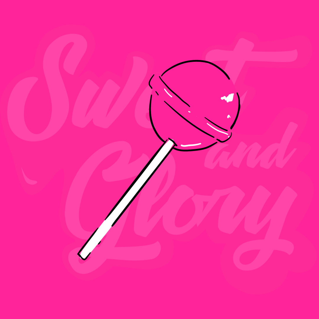 A bright pink background with a pink lollipop in the middle whilst the Sweet & Glory logo is faded behind it
