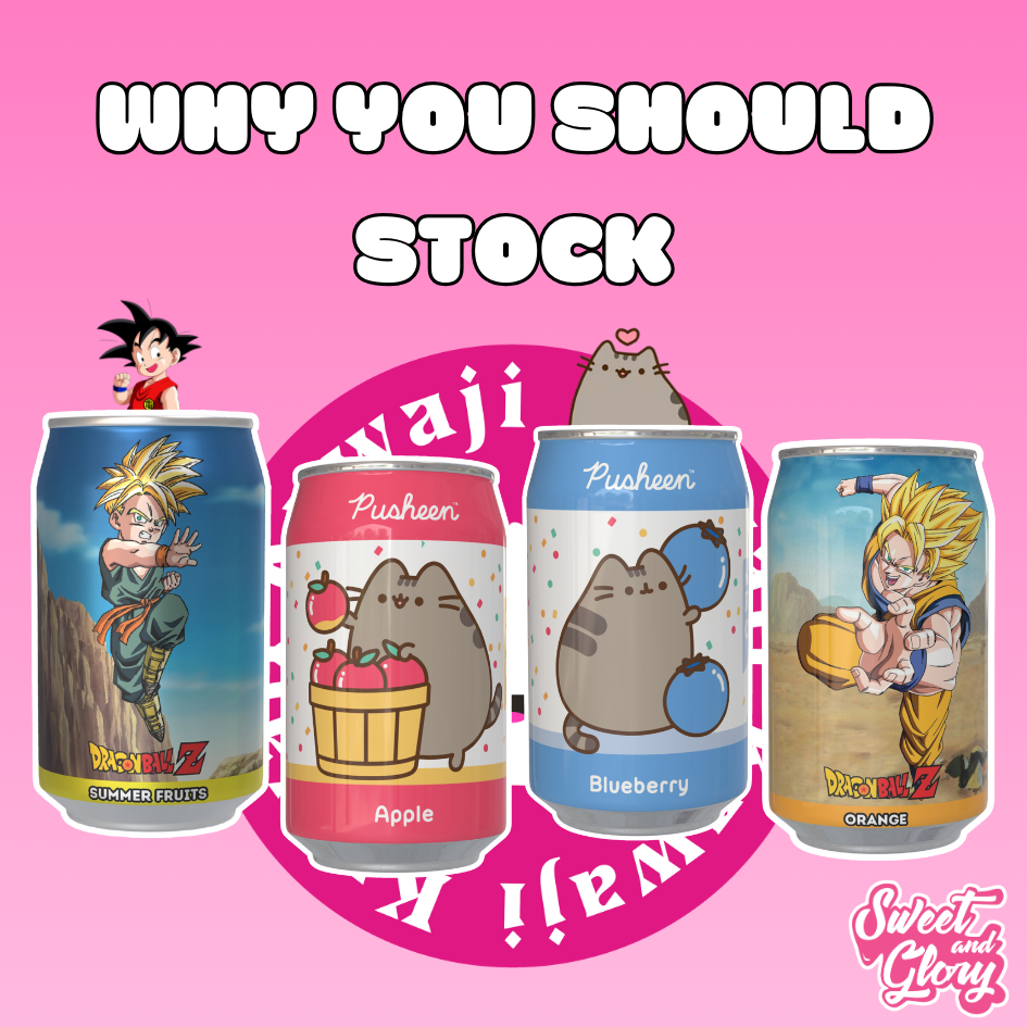 The Kawaji Logo is in the background with a pink gradient as four cans, two Pusheen themed and two Dragon Ball Z themed are at the forefront. The text above the cans states 'Why you should st