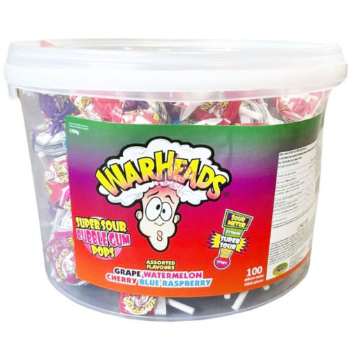 Warheads Super Sour Bubble Gum Pops 100 Pieces 21g - 100ct